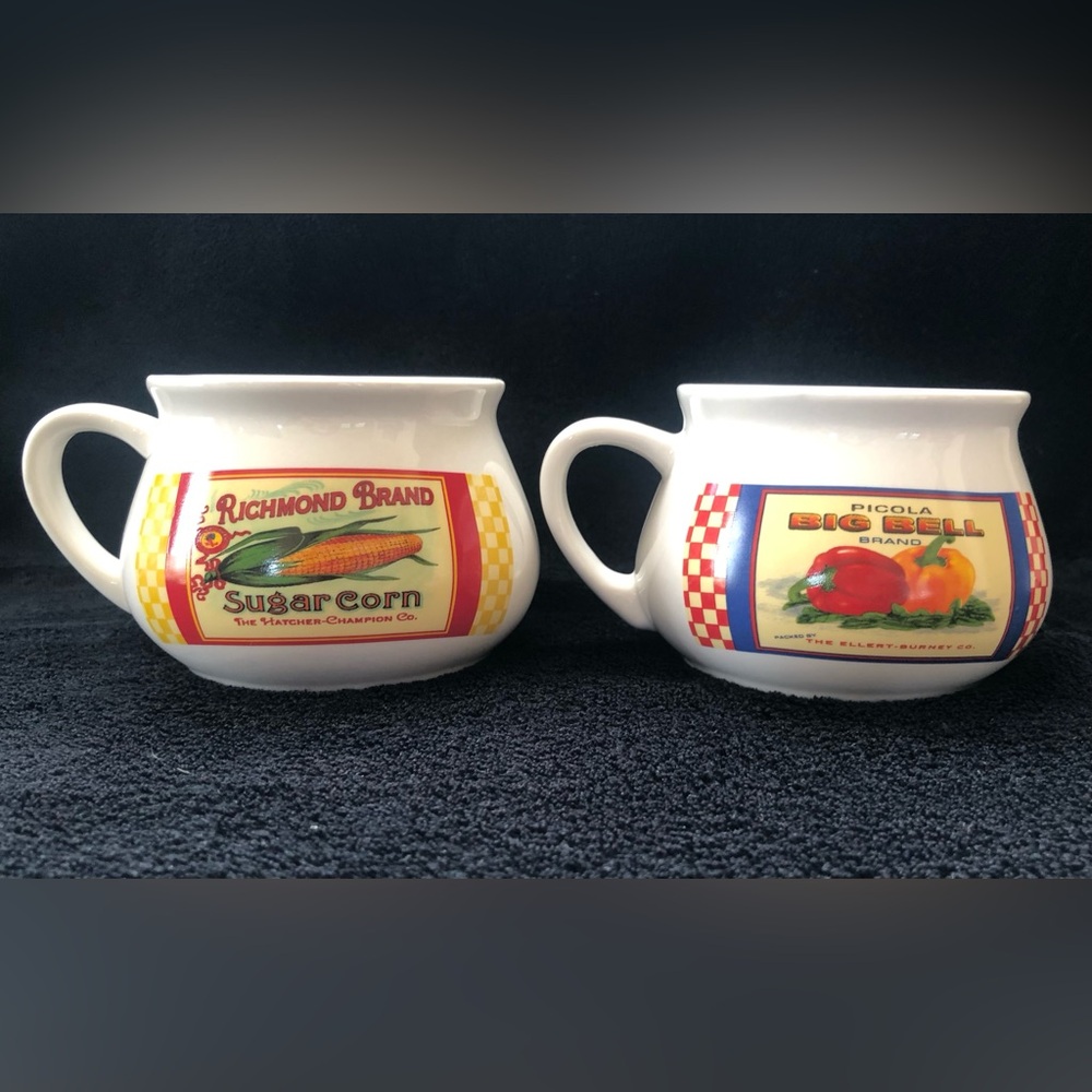 Set of 2 Soup Mugs Vegetable Crate Label Bell Pepper Sugar Corn Dat’l Do It